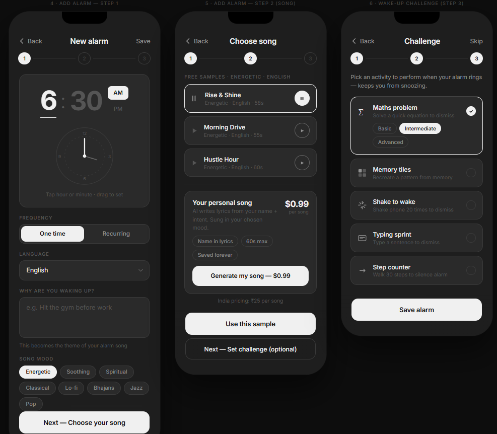 RiseWell's three-step alarm creation flow: set the time, choose your song, pick a daily practice