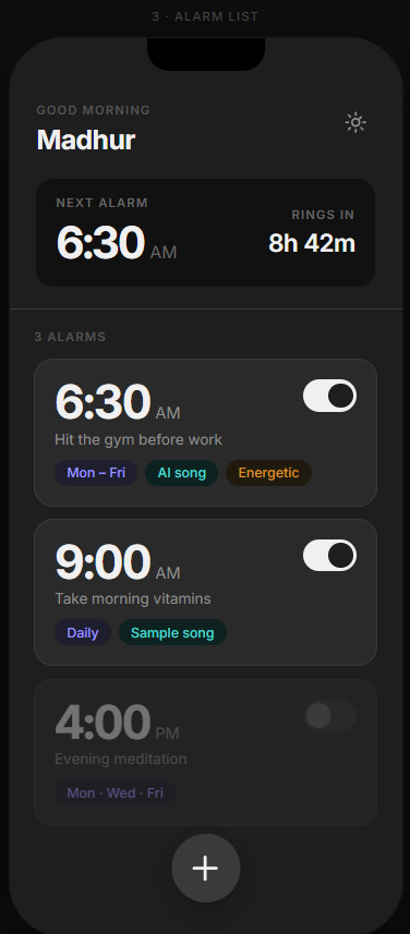 RiseWell alarm list screen showing upcoming alarms