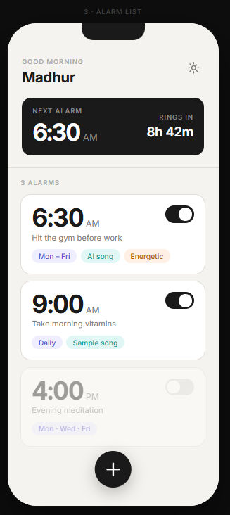RiseWell alarm list screen in light theme
