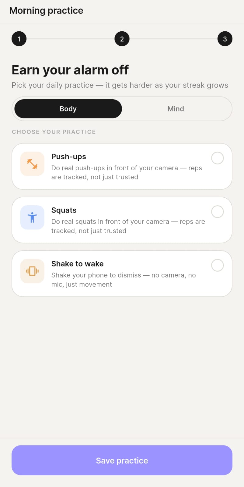 RiseWell's Body practice picker: Push-ups, Squats, and Shake to wake