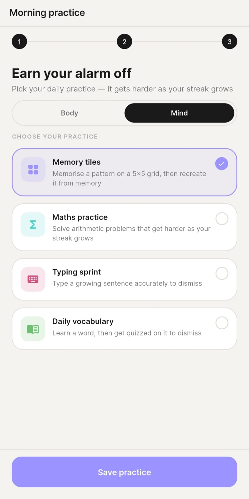 RiseWell's Mind practice picker: Memory tiles, Maths practice, Typing sprint, and Daily vocabulary