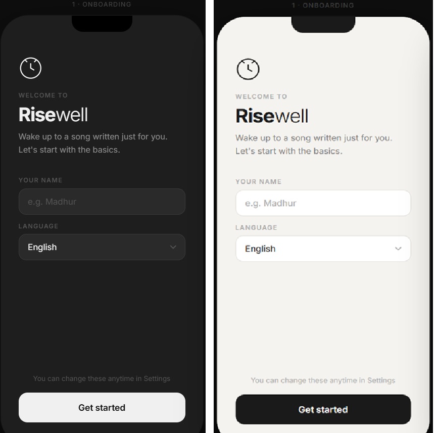 RiseWell onboarding screen in dark and light themes