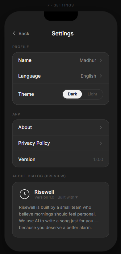 RiseWell settings screen with theme, language and account options